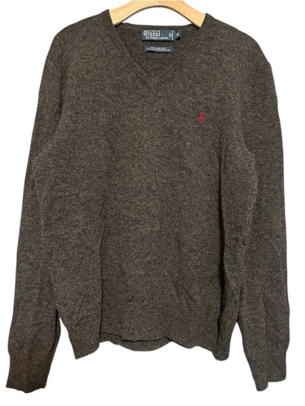 Polo by Ralph Lauren Men’s Size M Gray Red Pony V-Neck Lambswool Knit Sweater